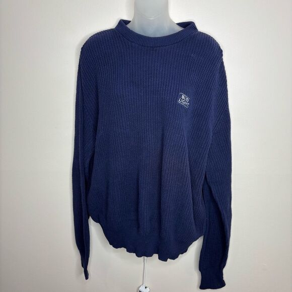 Vintage 90s Bud Light Logo front knit navy blue pullover sweater size XL y2k - Picture 1 of 6